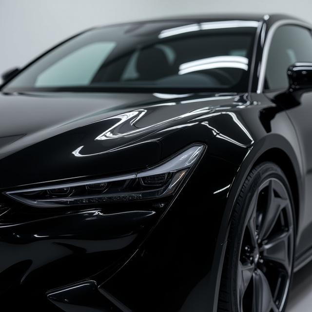 The same black car, now perfectly clean with a deep, swirl-free reflection.